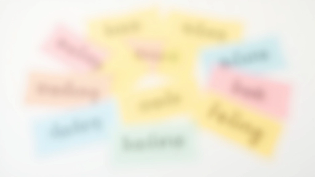 Close-up of emotion word cards spread on a surface, showing different feeling descriptors and emotional nuances