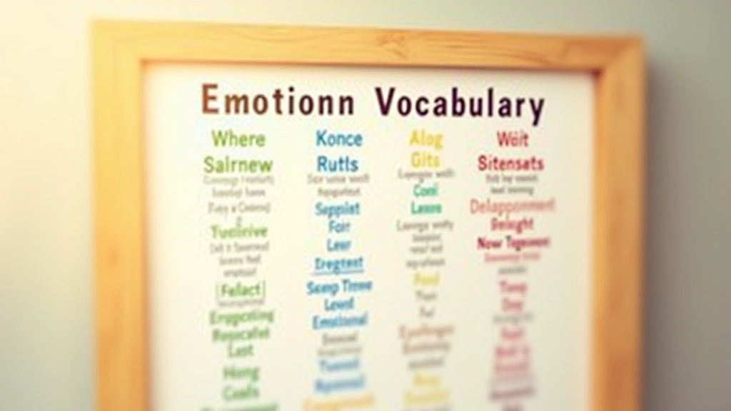 Colorful emotion vocabulary poster or chart showing different feeling words organized by category, warm lighting