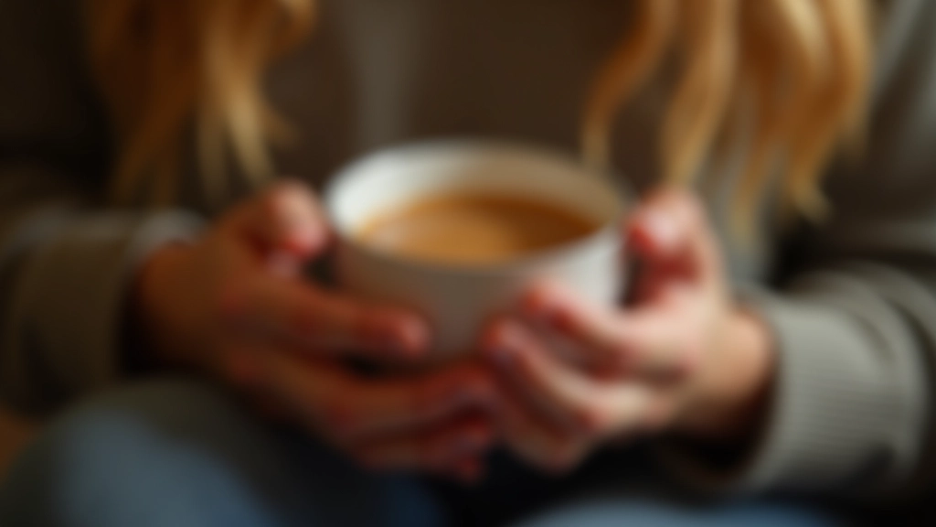 Hands holding a cup of tea in a cozy setting, person in background reading, soft warm lighting, peaceful moment