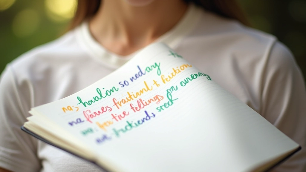 Close-up of a notebook with emotional words written in different colored pens, morning light reflecting on the page