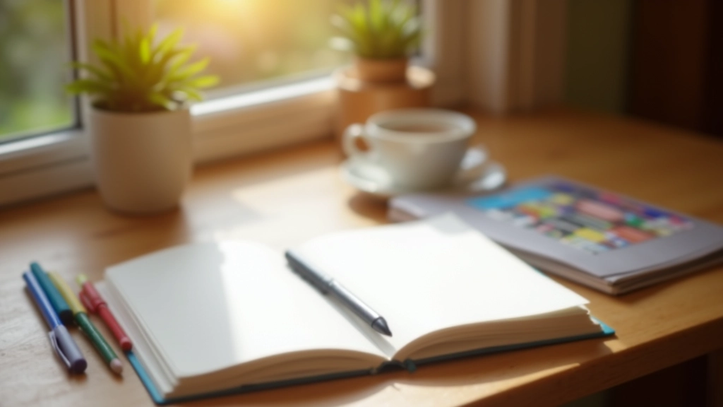 Open journal with handwritten reflections and colored pens on a wooden table next to a cup of tea