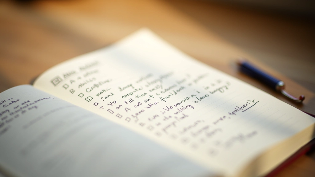 Close-up of an open journal with handwritten notes about emotions and feelings, pen and warm cup nearby, natural morning light, wooden desk
