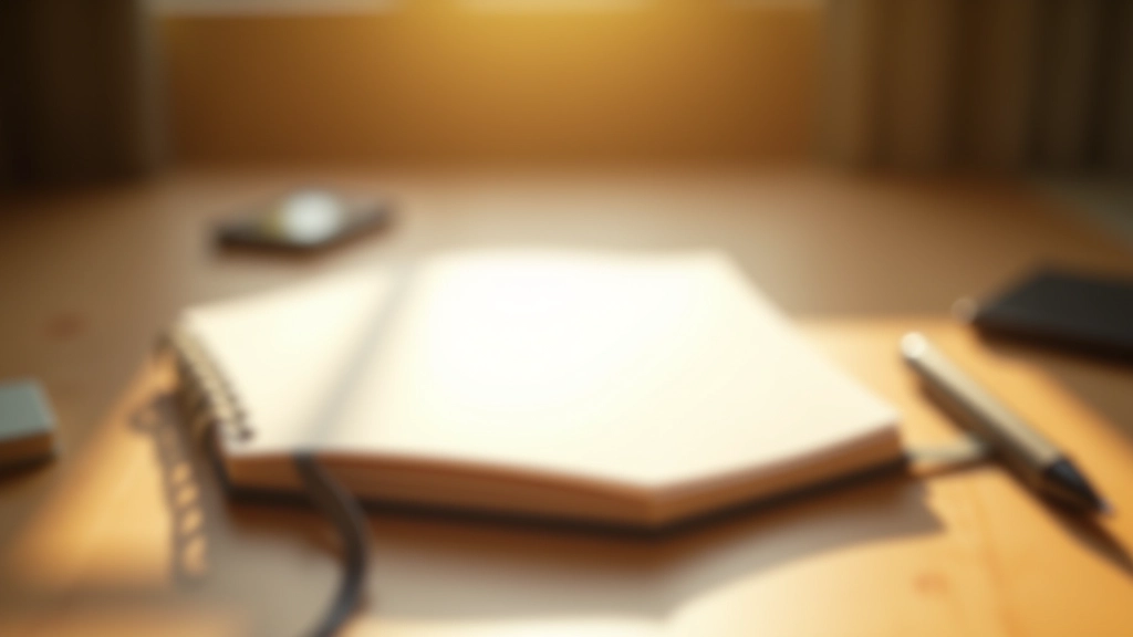Notebook and pen on wooden desk with morning light, person's hand reaching toward it in thoughtful pose, calm workspace for reflection