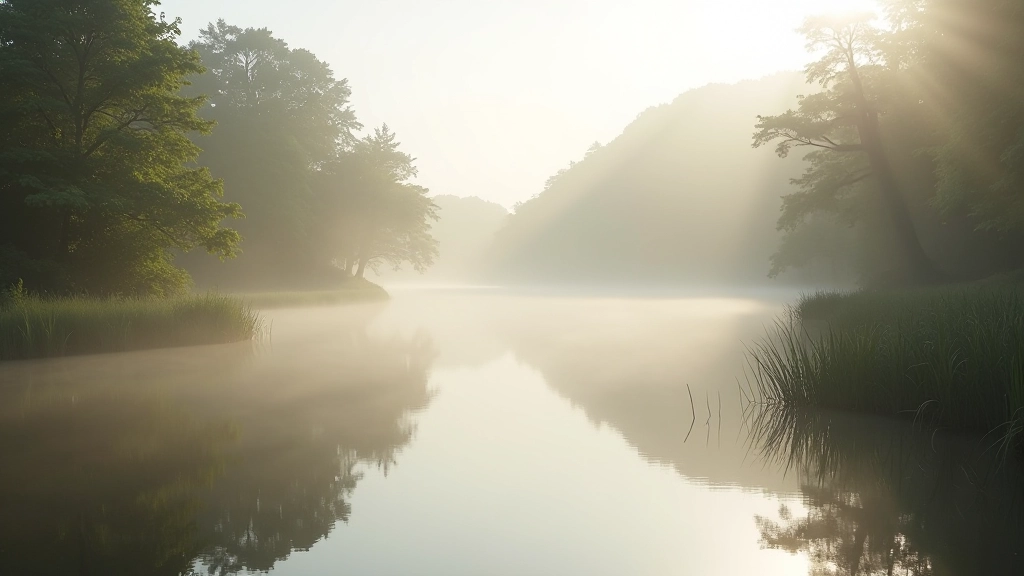 Serene natural landscape with soft morning light, peaceful and calming atmosphere reflecting emotional wellness and mindfulness