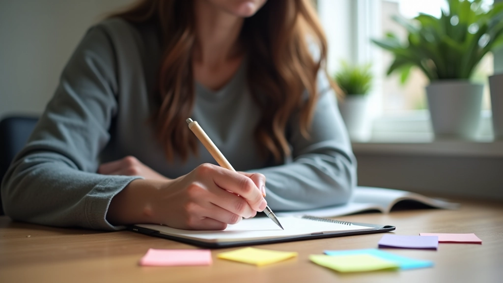 Person writing in a notebook with various emotion words visible on sticky notes around the workspace, natural light from window