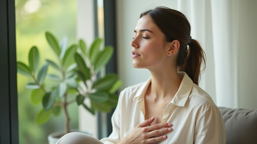 Person with eyes closed, hand on heart, sitting by a window with plants, natural light, peaceful expression