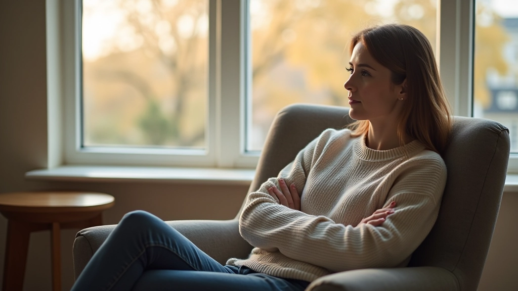 Person sitting in chair looking thoughtful, peaceful indoor environment with soft natural light coming through window