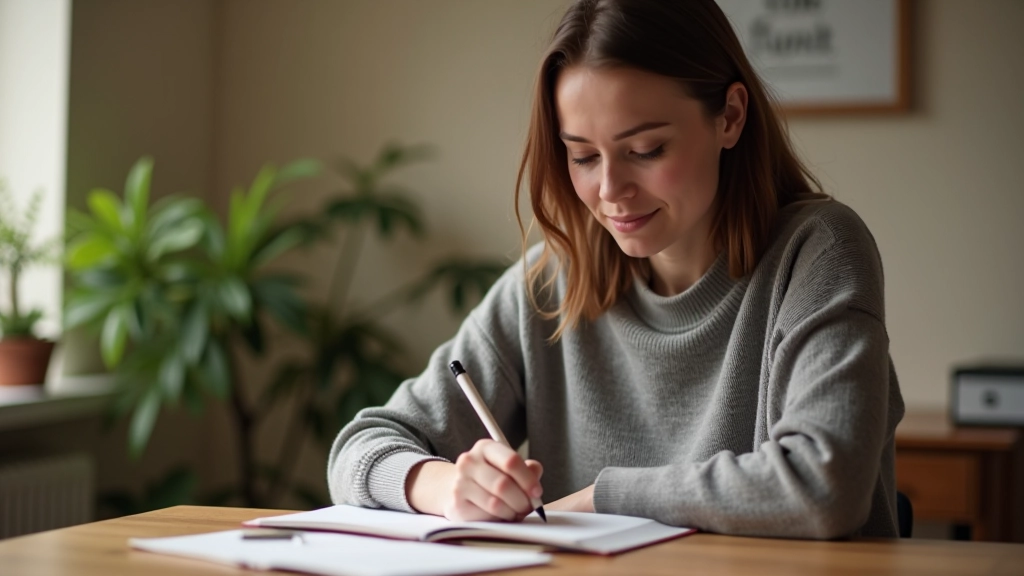 Person writing in a journal at a wooden desk, pen in hand, morning sunlight streaming through a window