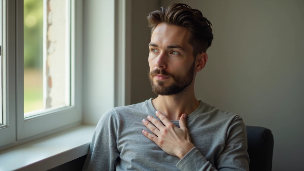 Person sitting peacefully by a window, hand on chest, practicing mindfulness and emotional awareness during daytime