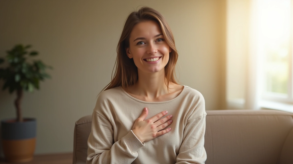 Person sitting peacefully in natural light, hand on heart, practicing emotional awareness and mindfulness in a calm modern space