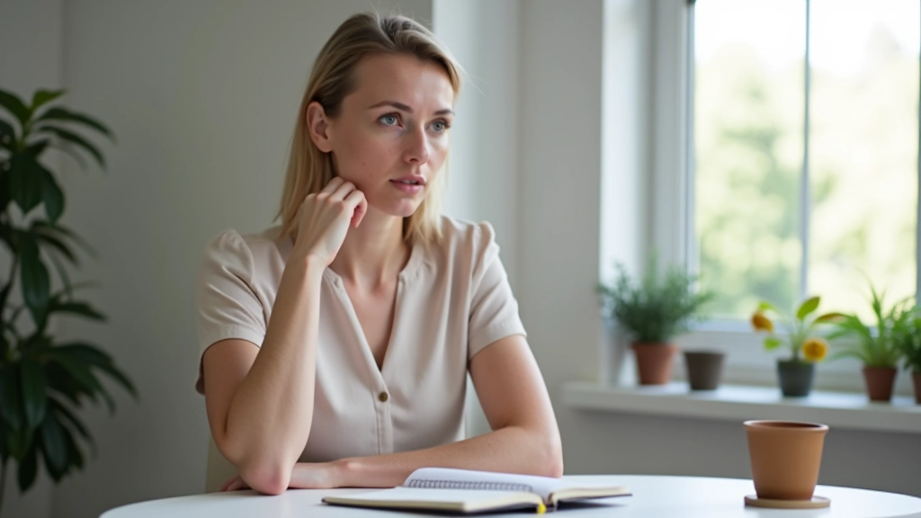 Person sitting at a desk with a notebook open, looking thoughtful and reflective, natural light from window, calm workspace