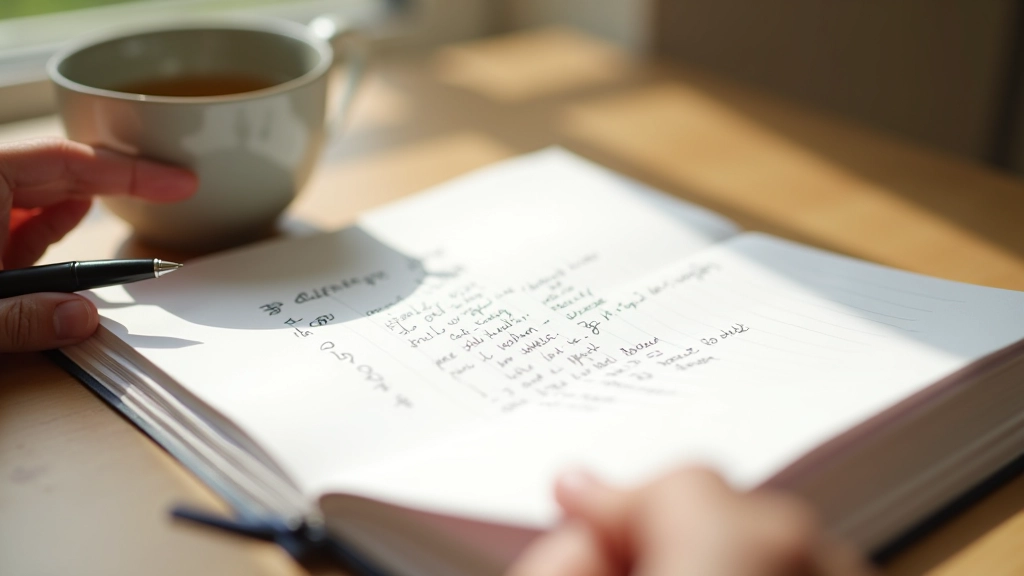 Open journal with handwritten notes, pen resting on page, warm afternoon light from window, minimalist desk setup