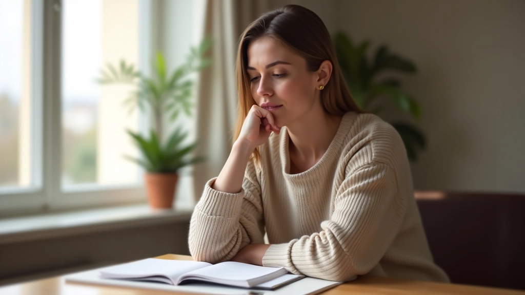 Person sitting thoughtfully at a table with notebook, contemplative expression, soft natural lighting from window