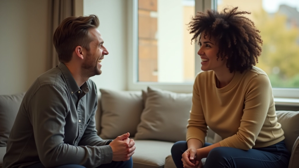 Two people having an honest conversation in modern setting, comfortable body language, natural lighting, authentic dialogue
