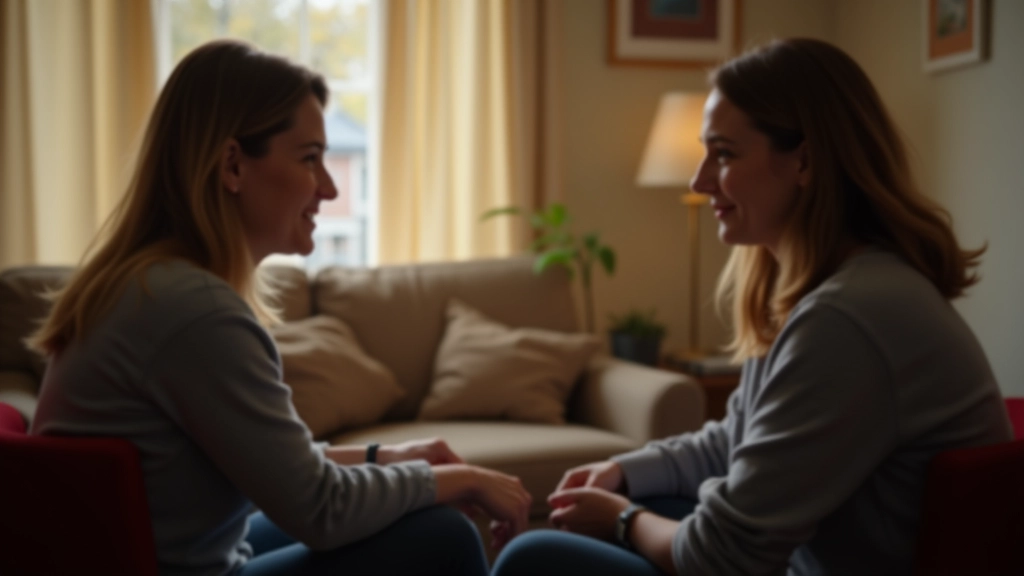 Two people having a serious but caring conversation in a modern living room, seated and facing each other, warm natural light